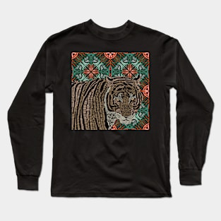 Cool Tiger on Modern Orange and Green Pattern Long Sleeve T-Shirt